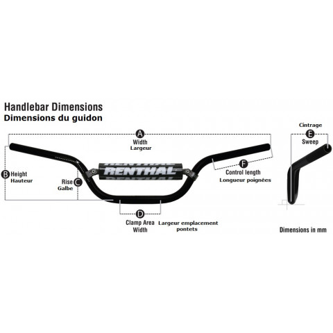 Guidon Ø22,2mm avec barre RENTHAL Classic Mini MX noir/mousse noire KTM SX60/65