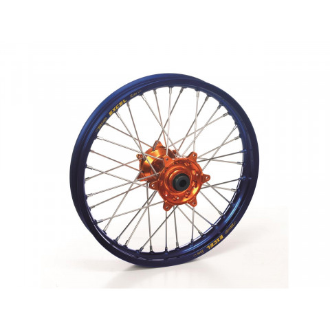 Roue avant complète HAAN WHEELS 17X3.50X36T jante bleu/moyeu orange KTM/Husqvarna