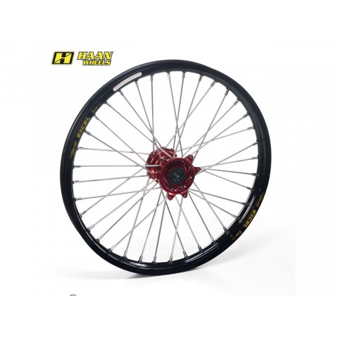 Roue avant complète HAAN WHEELS 17x3,50x36T jante noir/moyeu rouge/rayons noir/têtes de rayons rouge