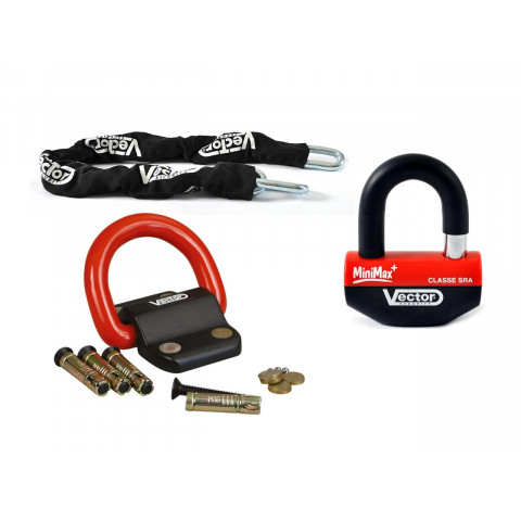 Kit antivol Vector chaîne 1,30m + cadenas/bloque-disque MiniMax+ + Fixation Compac Blok 