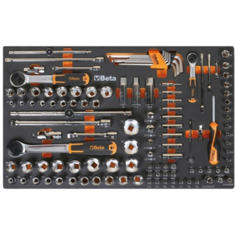 Plateau mousse BETA TOOLS avec composition de cliquets + douilles 1/4 et 1/2