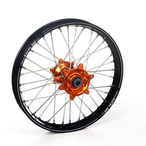 Roue arrière complète HAAN WHEELS A60 19x2.15x36T jante noire/moyeu orange/rayons noir/têtes de rayons orange 