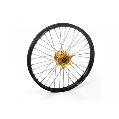 Roue avant complète HAAN WHEELS 21x1.60 jante noir/moyeu or/têtes de rayon or Gas Gas